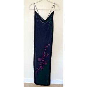 Vtg 90s Y2k Whimsigoth Dress Black Velvet Purple Embroidery Slit Dark Fairy L